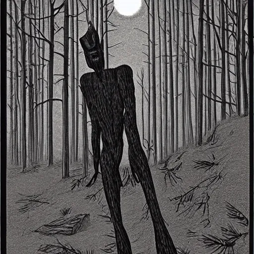 Prompt: wendigo in the woods of Maine illustration by Chris Van Allsburg