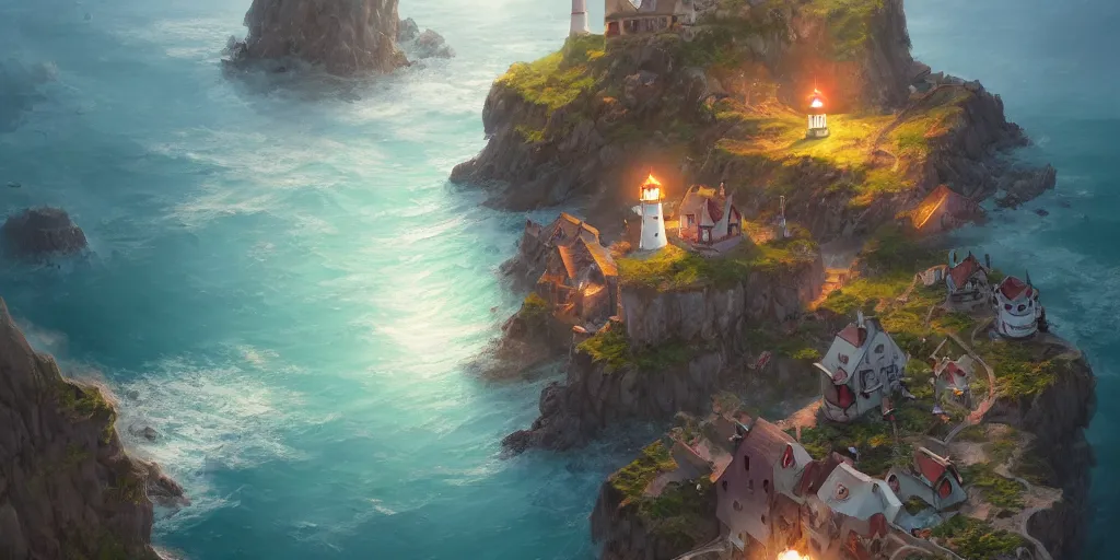 Prompt: Cozy small fantasy village on a cape with a lighthouse, fishing boats, view from above. In style of Greg Rutkowski, Jesper Ejsing, Makoto Shinkai, trending on ArtStation, fantasy, great composition, concept art, highly detailed, scenery, 8K, Behance.