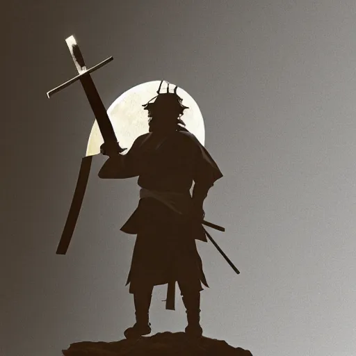 Image similar to old samurai holding ancient sword giant moon in background lighting the area