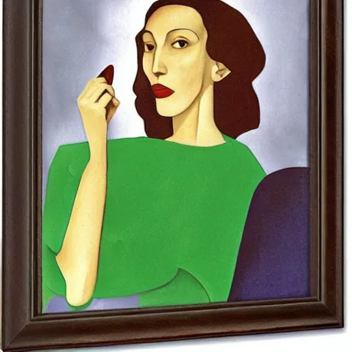 Prompt: portrait of writer clarice lispector in her green dress, by tamara de lempicka