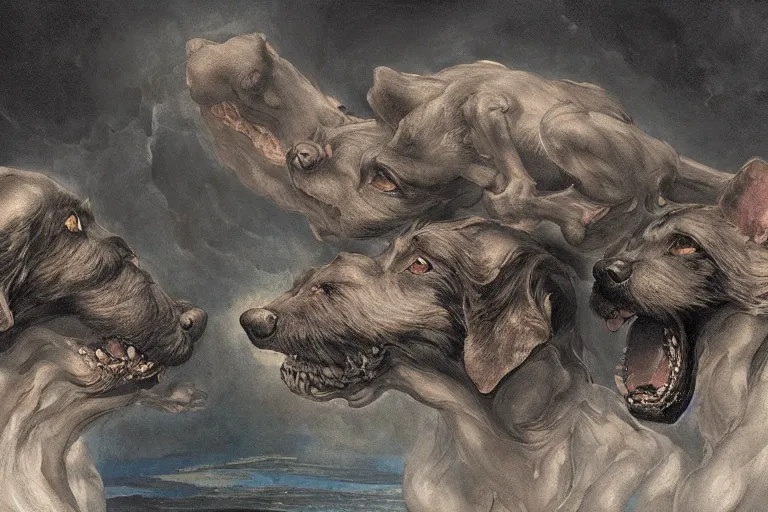 Image similar to hyperdetailed matte art of a three headed dog cerberus by william blake, greg rutkowski, amano, rene magritte, craig mullins, three headed dog cerberus, details