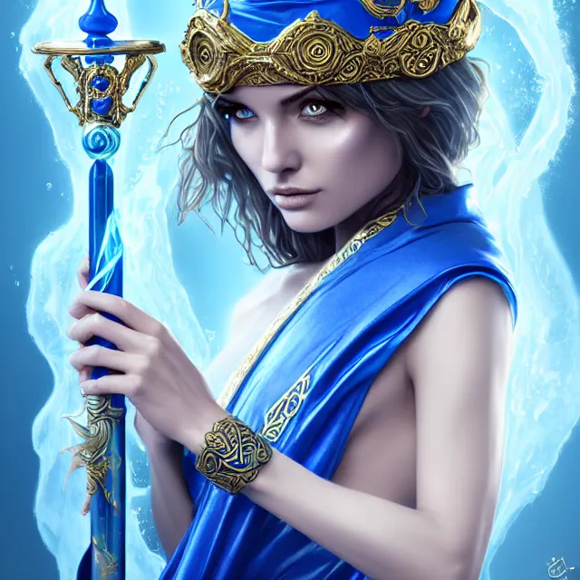 Image similar to beautiful elemental water witch with ornate blue robes and staff, highly detailed, 4 k, hdr, smooth, sharp focus, high resolution, award - winning photo, artgerm, photorealistic