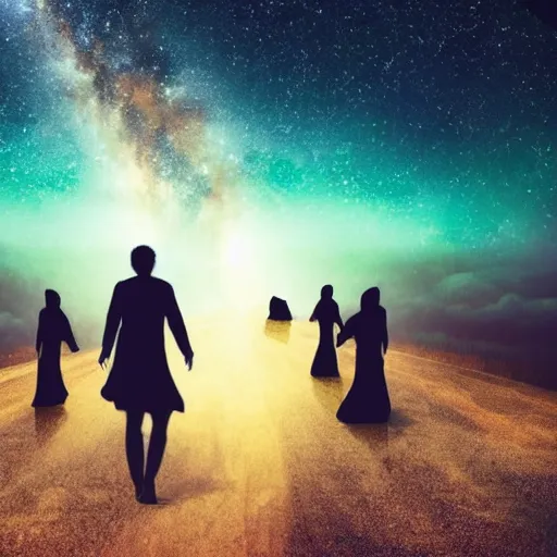 Prompt: dreamy vision of ghosts walking through milky way galaxy, epic, cosmic