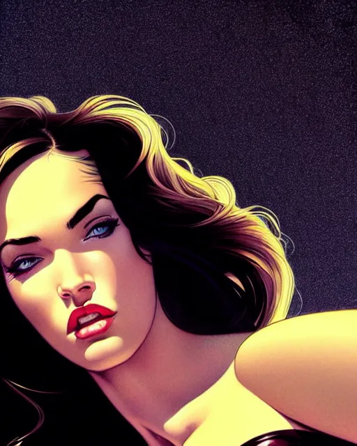 Image similar to low angle closeup beautiful very seductive megan fox retro scifi goddess pinup, action glamour pose, windblown dark hair, hyper detailed, digital art, studio lighting, smooth, ambient lighting, sharp focus, frank miller, wlop, anna dittmann, moebius!, alphonse mucha, patrick nagle!!, rim lighting, synthwave