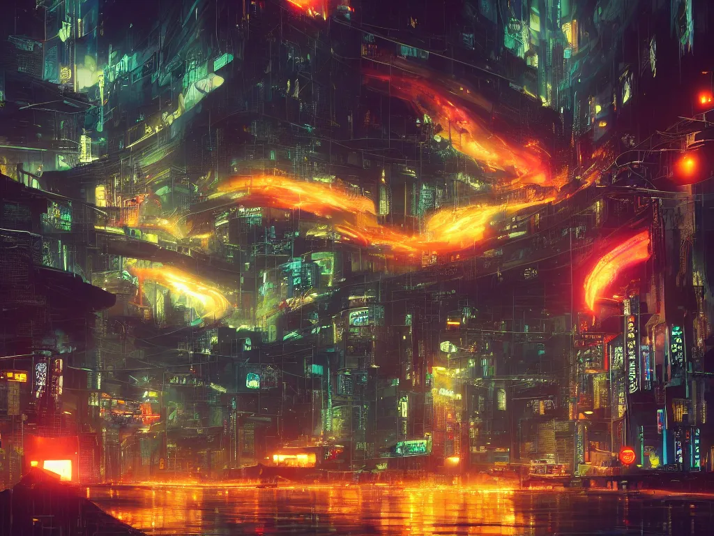 Prompt: a digital painting of a giant tornado about to come to the cyberpunk tokyo, rainy night, by beeple, ultrawide shot, ghost in the shell, light yellow and dark orange color scheme, perfect lighting, 8 k, highly detailed, unreal engine, c 4 d, trending on artstation