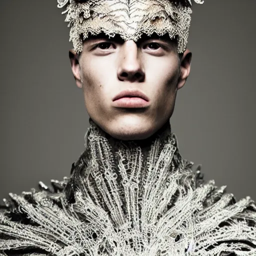 Image similar to a portrait of a beautiful young male wearing an alexander mcqueen armor made of lace , photographed by andrew thomas huang, artistic