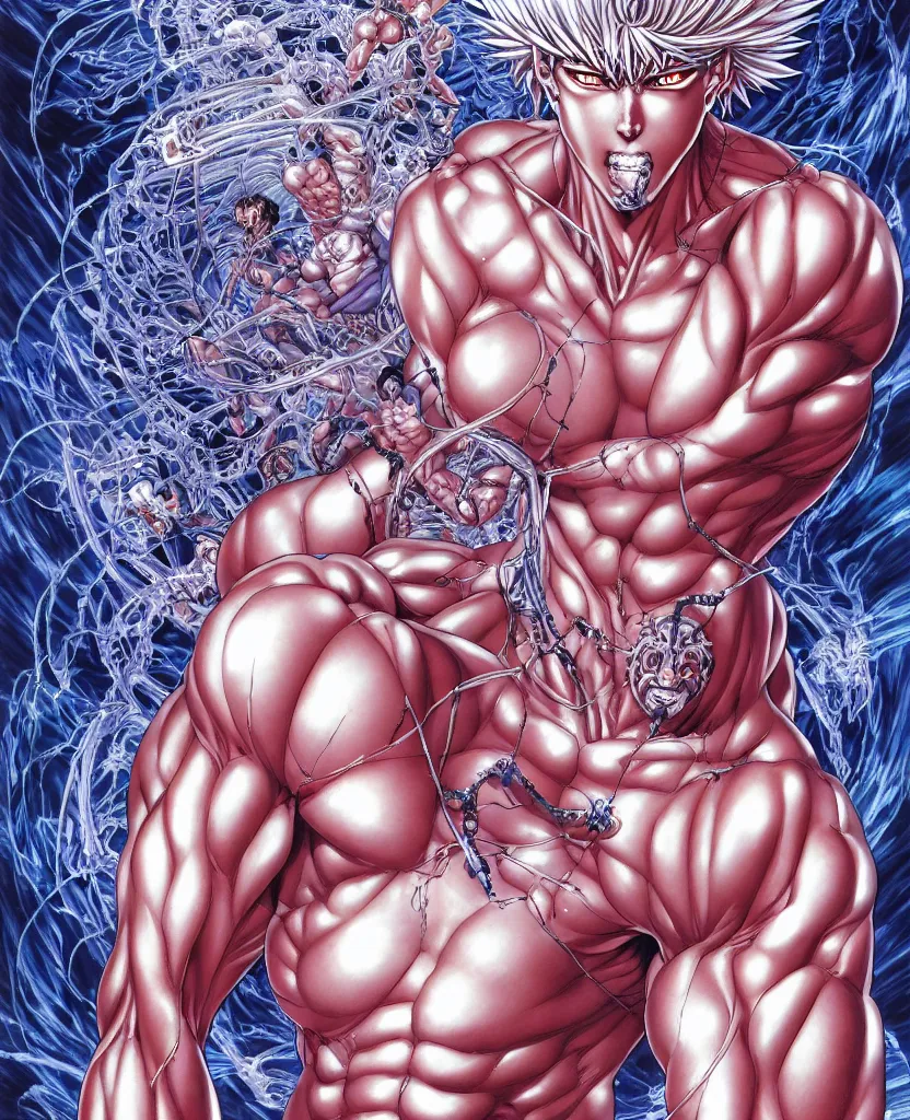 Image similar to symmetrical. realistic detailed image of muscular body, realistic detailed male character, kaworu nagisa, depth perception, masterpiece, depth of field, action horror, gothic, vivid colors. art by yoshitaka amano, by yukito kishiro, by yoshiyuki sadamoto, by artgerm, by hajime sorayama