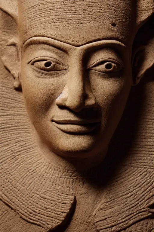 Image similar to a highly detailed beautiful portrait clay sculpture of a egyptian god with facial expression : enthusiastic sculpted in laguna clay em - 2 1 0 clay by philippe faraut.