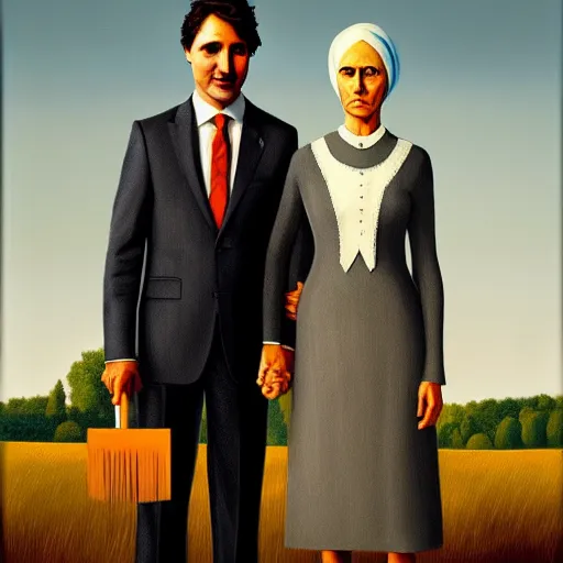 Image similar to Justin Trudeau with Jagmeet Singh in the american gothic painting, concept art, sharp focus, highly detailed digital painting by Grant Wood, artstation