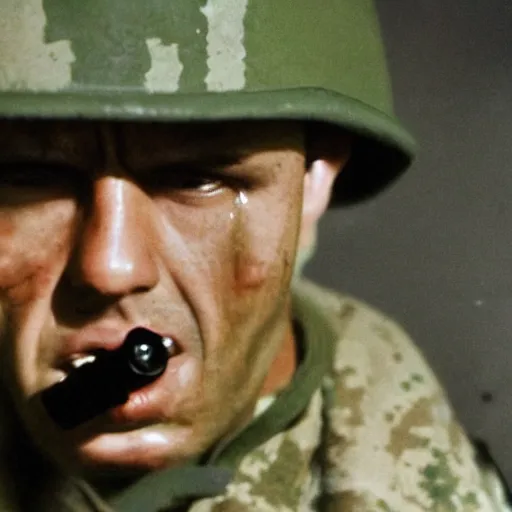 Prompt: a high quality color creepy atmospheric dimly lit extreme closeup film 3 5 mm depth of field photograph of a man wearing army fatigues, face dripping with sweat, holding a machinegun nervously pointing it in front of him getting ready to shoot, in a secret military bunker in antarctica in 1 9 8 2