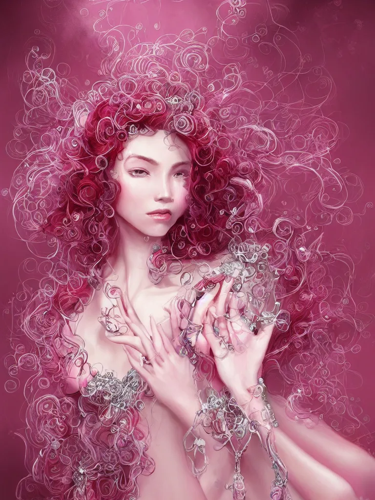 Prompt: a beautiful years old chatain hair woman in a pink - red long dress with silver rings on her fingers with long pink nails \ she makes levitate precious little transparent bottles filled with a magic ivory white liquid with a black sticker on them. fantasy, intricate, elegant, highly detailed, digital painting, artstation, concept art, matte, illustration, aenaluck