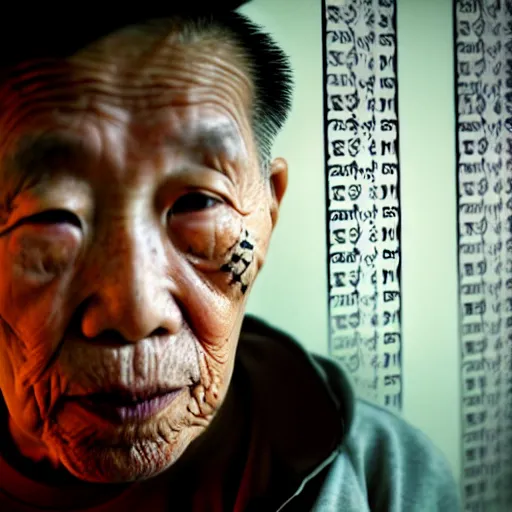 Image similar to a portrait of centenarian justin sun with qrcode tattoo on face in prison looking through the laser of his cell, by annie leibovitz, shallow depth of field, cinematic lighting, colorful dystopian futurism