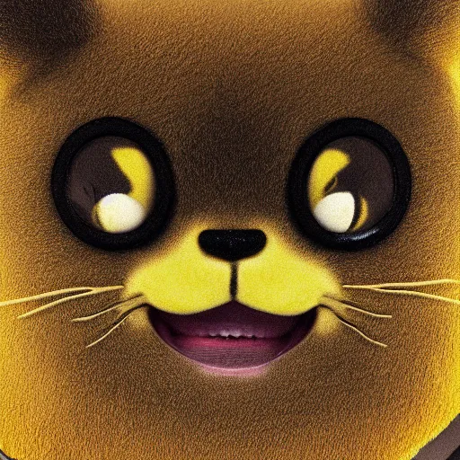 Prompt: portrait of a ultra realistic pikachu, fur, details, creepy, horror, big eyes, yellow