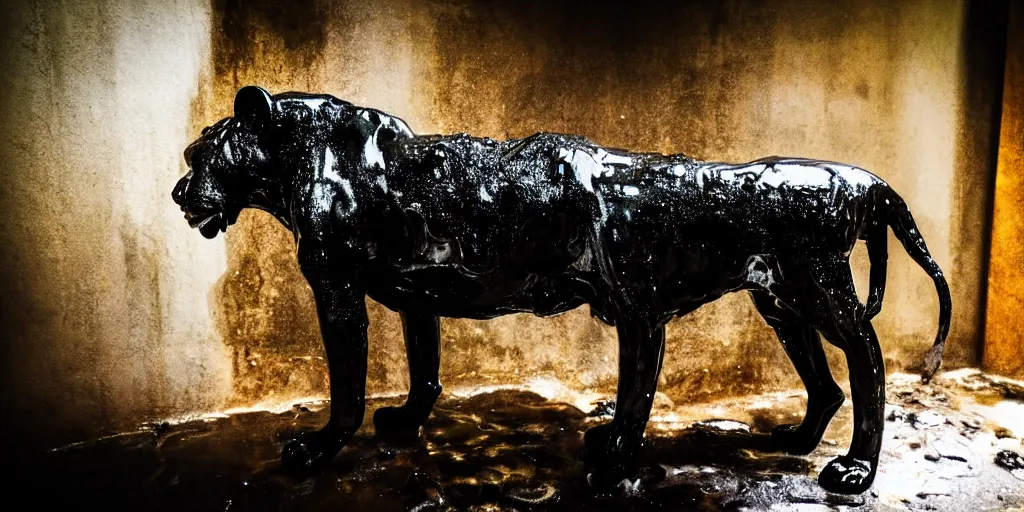 Image similar to the black lioness made of tar, bathing in the bathtub filled with tar, dripping tar, drooling goo, sticky black goo, photography, dslr, reflections, black goo, rim lighting, cinematic light, chromatic, saturated, slime, modern bathroom