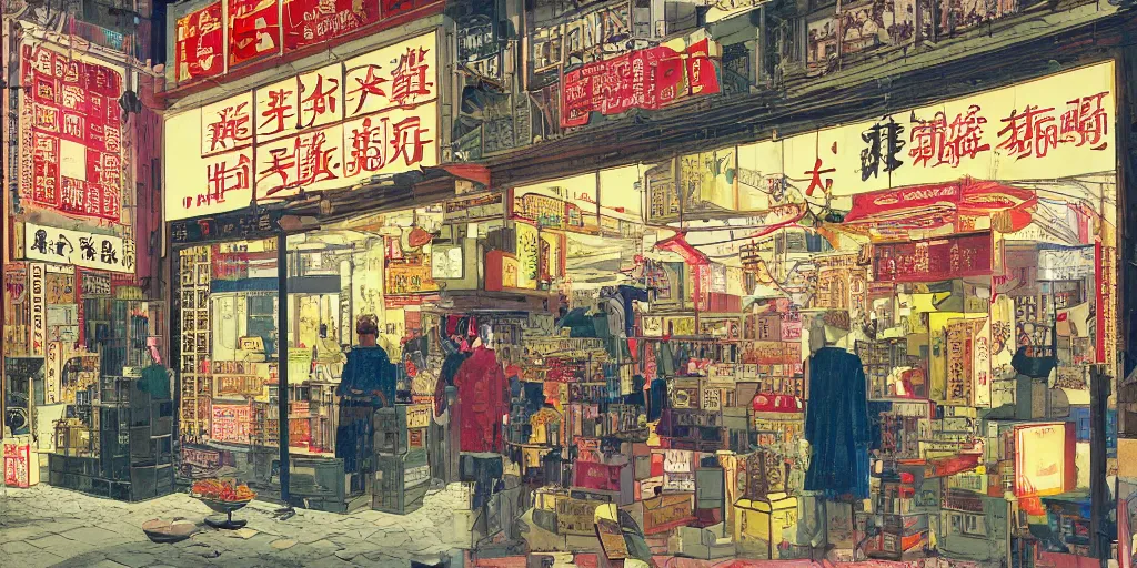 Image similar to a shop window in hong kong, by dan mumford and peter doig and edward hopper, minimal, black in, thick lines highly detailed, muted colours, overlaid with chinese adverts, 8 k