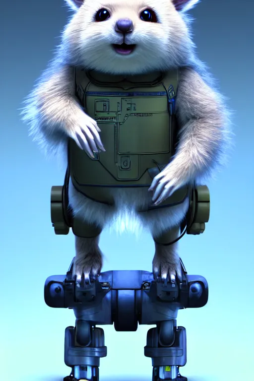 Prompt: high quality 3 d render sci - fi very cute fluffy! wombat!! cyborg soldier with futuristic mechanical legs, cyberpunk monocle!, highly detailed, unreal engine cinematic smooth, in the style of detective pikachu, hannah yata charlie immer, dark blue neon light, low angle, uhd 8 k, sharp focus