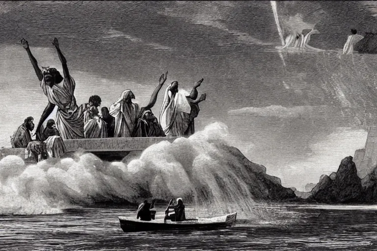 Prompt: Moses speeding down the Nile in a jetboat. The Pharaoh looking on in disbelief. Jehovah's witness Watchtower magazine paradise art.