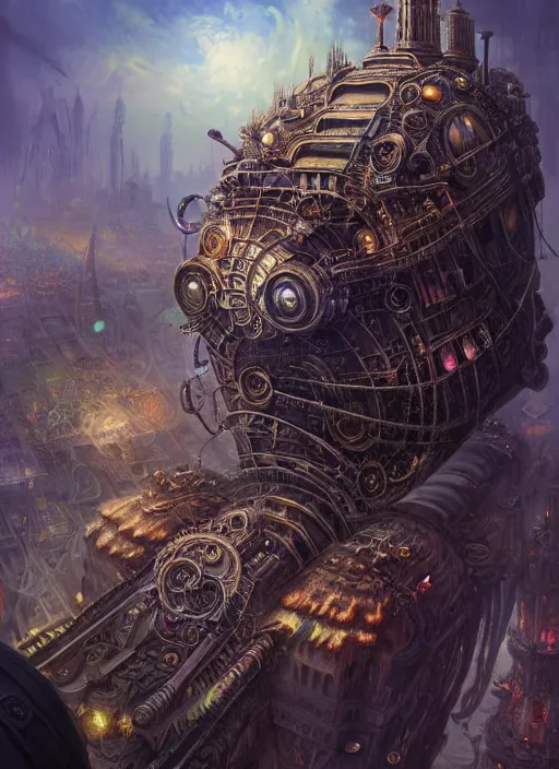 Prompt: hyper detailed ultra sharp of a gothpunk steampunk overcrowded city airship. trending on artstation, warpaint aesthetic, earthwave, colorful, psychedelic, ornate, intricate, digital painting, concept art, smooth, sharp focus, illustration, art by artgerm and greg rutkowski and h. r. giger, 8 k