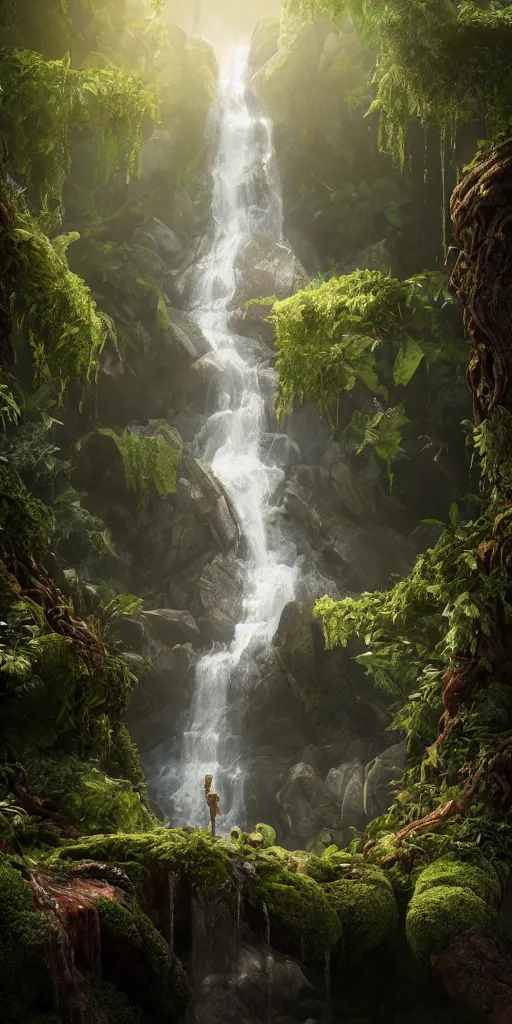 Prompt: photorealistic wide shot portrait of Groot, under waterfall, octane render, unreal engine 4k, volumetric light, fog, detailed