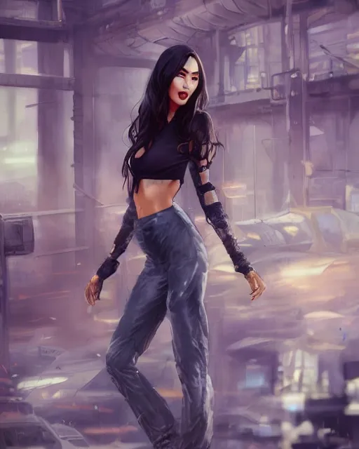 Image similar to full body shot of Megan fox by wlop, rossdraws, mingchen shen, bangkuart, sakimichan, yan gisuka, jeongseok lee, arney freytag, artstation, fantasy photoshoot, urban jungle, fashion pose, octane, 4k