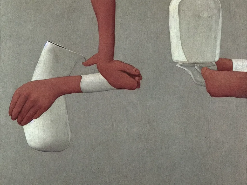 Prompt: Close up of delicate hands holding a water jug. Painting by Alex Colville, Piero della Francesca