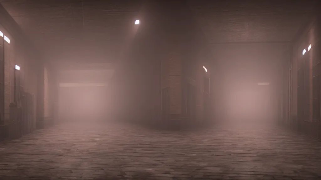 Prompt: a long angle shot of a big dark room with white lights on the celling and a long hallway at the end of the room with red lights on the celling, highly detailed, unreal engine, 4 k, dark, moody, foggy, game render, hyper realistic