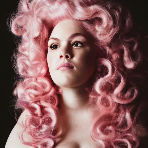 Prompt: a photograph of rose quartz from steven universe, portrait photography, 85mm, iso 400, focus mode ,a kind expression, detailed portrait, gigantic pink ringlets, huge curly pink hair, tight gigantic pink curls, warm features, plus size, white dress, gorgeous, kind features, beautiful woman, flattering photo, daylight