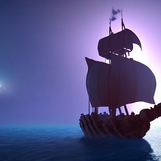 Prompt: pirate ship on a magical ethereal sea, 8k, HDR, cinematic, volumetric lighting, unreal engine 5