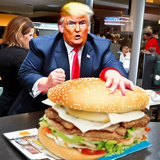 Image similar to a hugely fat version of Donald Trump, carrying a tray of big Macs, trying to squeeze in to a booth at McDonalds. Flash photograph at McDonalds