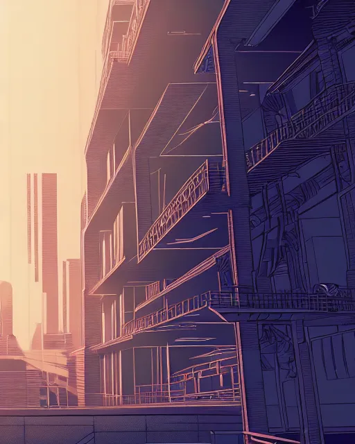 Image similar to a beautiful very detailed anime illustration of architecture unfinished building city manor nature industrial architecture by cesar pelli, bladerunner 2 0 4 9 retro morning sun, archdaily, wallpaper, highly detailed, trending on artstation.