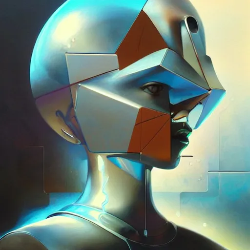 Image similar to scifi futurism automaton minimalism chrome by peter mohrbacher art Hajime Sorayama airbrush hyperrealism model abstract shatter fragments cubism futurism pastel blue soft flat minimal minimalism portrait face