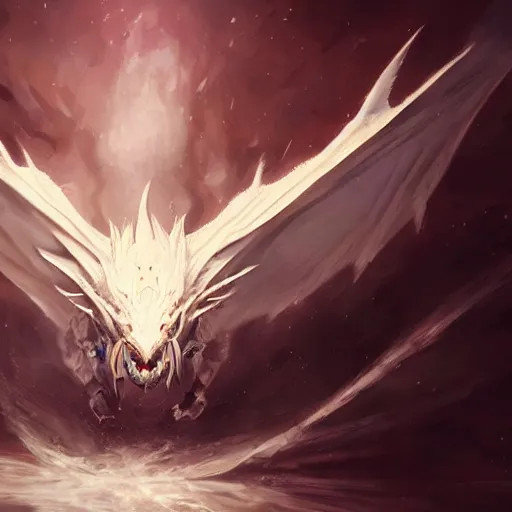 Image similar to an intense white dragon looking directly at the camera, you can see infinite galaxies in its eyes, epic award-winning artwork, trending on ArtStation