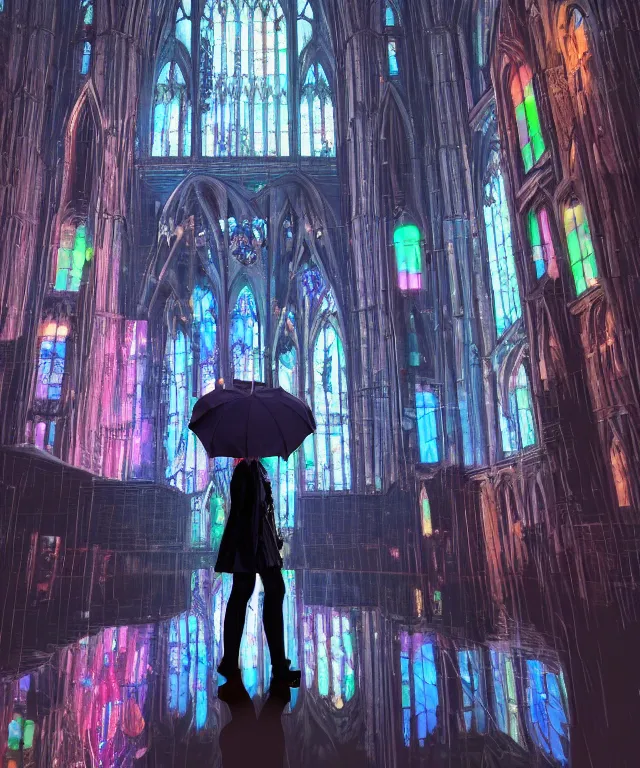 Prompt: a tall brightly lit cyberpunk cathedral with stained glass windows at night, reflection visible in scattered rain puddles, very close closeup low angle viewpoint behind a woman with an umbrella who is gazing upward, octane ray tracing, volumetric lighting, trending on artstation