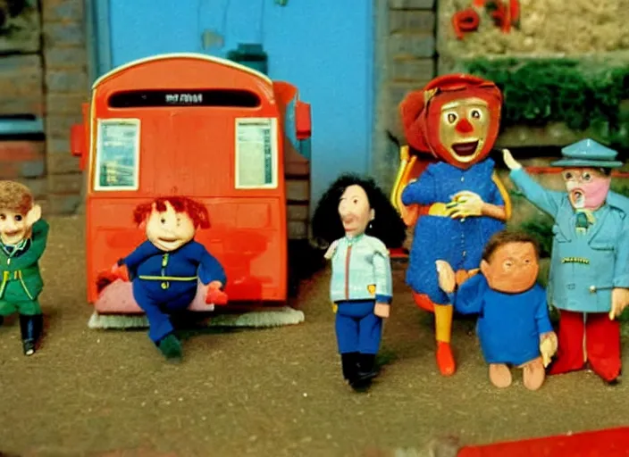 Image similar to a scene from a 1 9 7 0 s british kids tv programme by the bbc and oliver postgate, stop motion animation, postman pat, vhs distortion