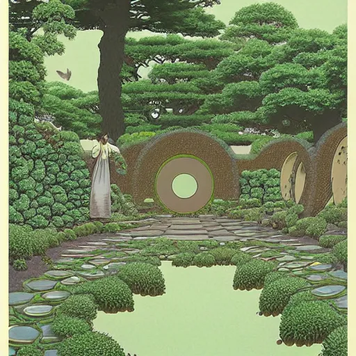 Image similar to a portal in a mysterious garden filled with spherical plants, artwork by Hasui Kawase, trending on art station