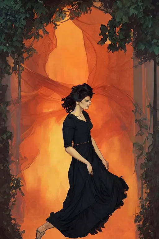 Prompt: bearded young man in orange t - shirt fastens beautiful black dress of his spouse before going to exquisite gala art by artgerm and greg rutkowski and charlie bowater and magali villeneuve and alphonse mucha