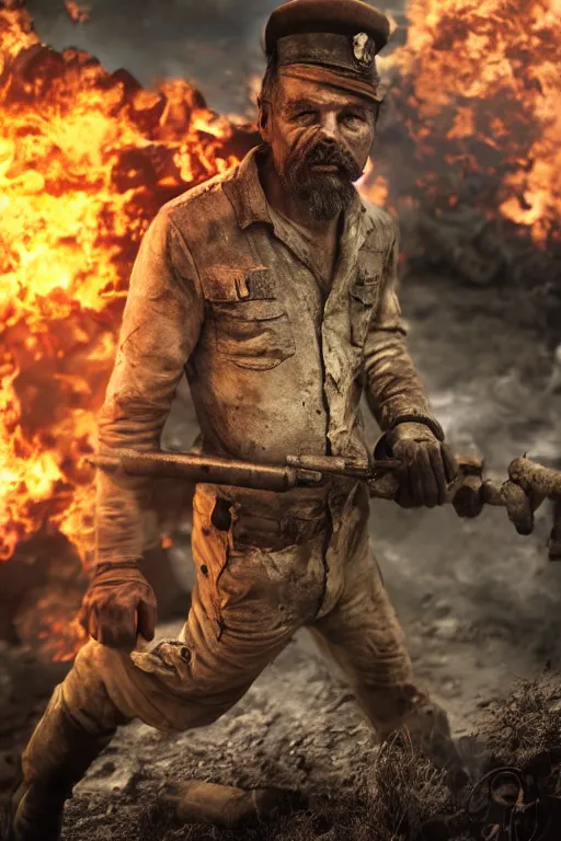 Image similar to realistic photograph of a rugged gas man in the middle of battle, highly detailed, cinematic, portrait, close - up,