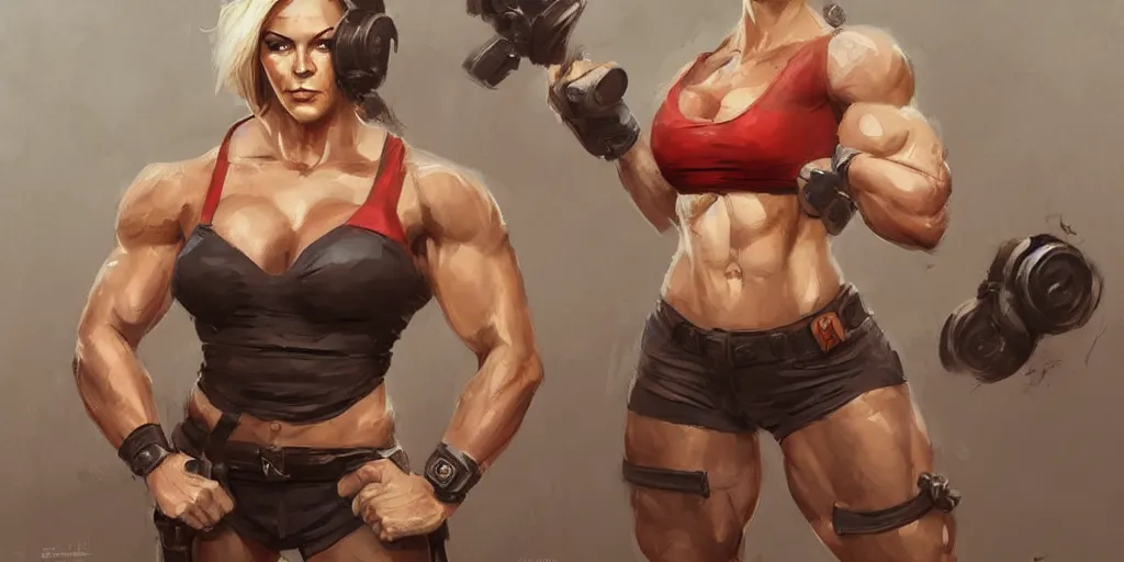 Image similar to portrait of a female bodybuilder in team fortress 2 style, epic, tragic, military art, fantasy, dieselpunk, hd shot, digital portrait, beautiful, artstation, comic style, by artgerm, guy denning, jakub rozalski, magali villeneuve and charlie bowater