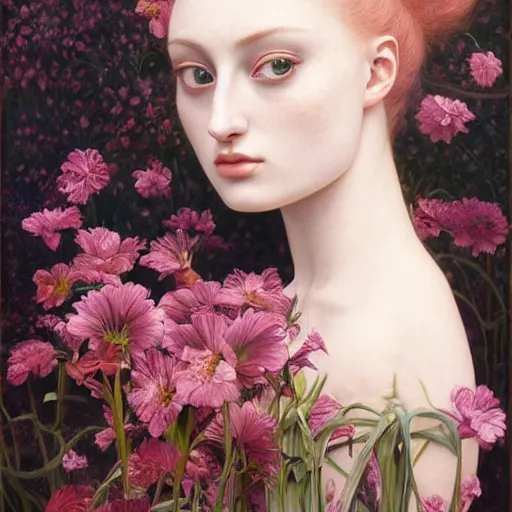 Prompt: sophie turner girl, botanical, metallic flower, marble white complexion, portrait face, colorful, kupka, intricate, miles johnston, kuroda seiki, ozabu, godward, painterly, yoshitaka amano, moebius, miles johnston, louise zhang, james jean, mark ryden lowbrow pop surrealism art style