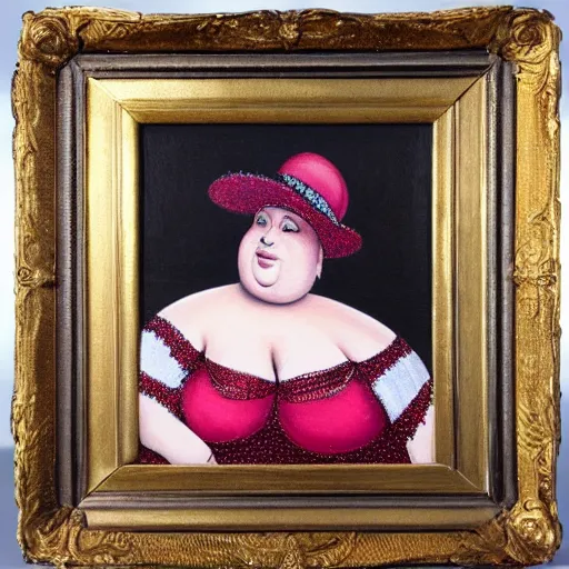Prompt: Oil painting of a fat woman posing in a diamond dress and extravagant hat