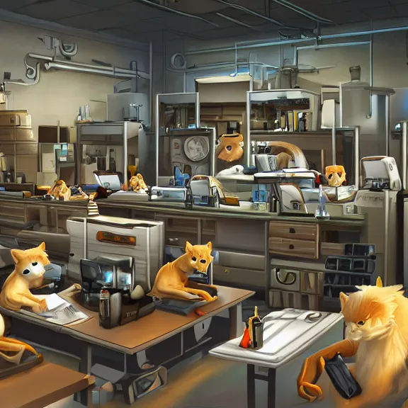 Prompt: highly detailed weapons laboratory, clean and organized, quantum technology, with anthropomorphic furry researchers, tables, parts, windows, sci fi, Extremely detailed digital art, furry art, furaffinity, DeviantArt, HD artstation