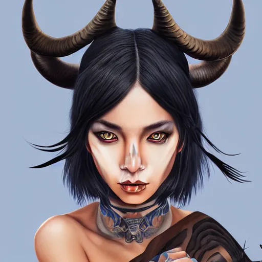 Image similar to illustrated realistic portrait of ram-horned devil woman with blue bob hairstyle and her tan colored skin and with solid black eyes wearing leather by rossdraws