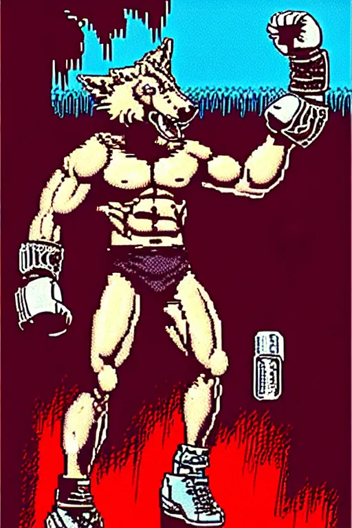 Image similar to extreme long shot. ultra jpeg compression. 8 bit nes graphics. 8 0's. vhs artefacts. antropomorphic muscular masculine wolf. kickboxer fighter, in shorts. wolf head. angry. fine details, very sharp, art from nes game cartridge, vaporwave style, marc simonetti and hermann nitsch and anish kapoor.