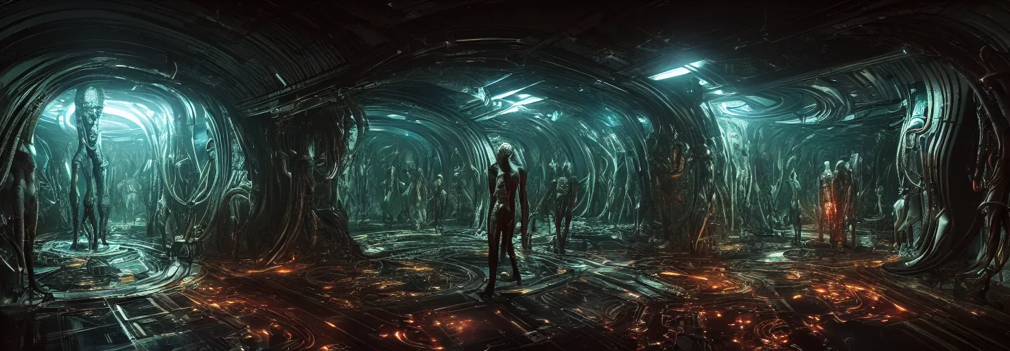 Image similar to Prometheus biological sci-fi corridor set in a nightmarish universe of odd forms and somber tapestry, humans exploring, HR Giger, vivid color scheme, featured in artstation, octane render, cinematic, elegant, intricate, 8k