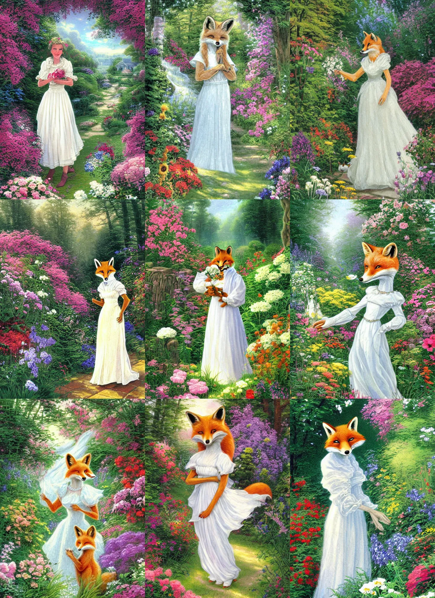 Prompt: an anthropomorphic fox stands outside her beautiful country home wearing a flowing white dress, surrounded by flowers and shrubs, illustration by Mary Jane Begin, Steven James Petruccio, Keren Katz, Thomas Kinkade