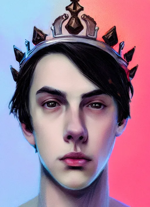 Image similar to portrait of teenage jughead jones wearing a light grey crown, photorealistic, crown, eyes closed, crown, black hair, intricate, elegant, glowing lights, highly detailed, digital painting, artstation, concept art, smooth, sharp focus, illustration, art by wlop, mars ravelo and greg rutkowski