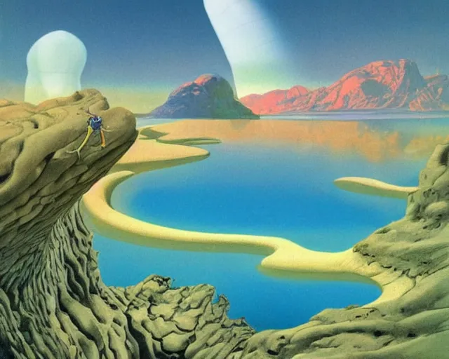 Image similar to roger dean 1 9 8 0 s art of distant mountains strange bizarre alien planet surface lakes reflective clear blue water, rainbow in sky, imagery, illustration art, album art