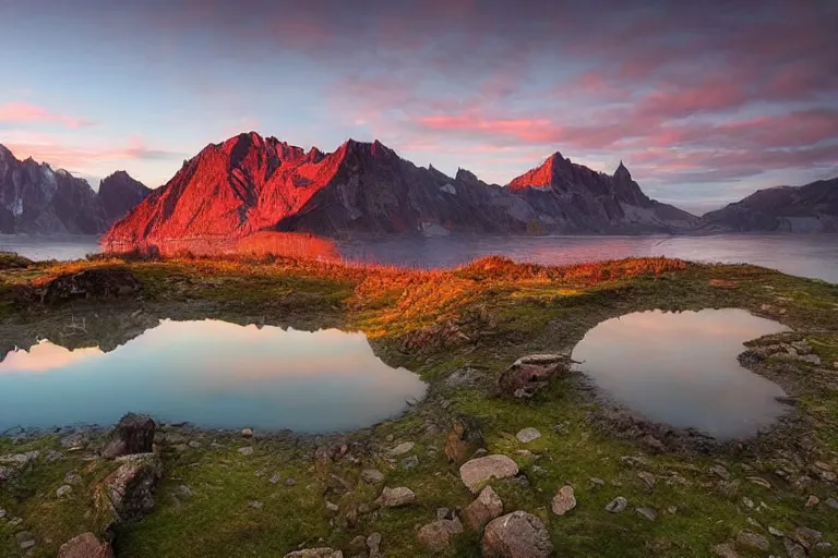 Prompt: amazing landscape photo of mountains with lake in sunset by marc adamus dramatic lighting, Gediminas Pranckevicius