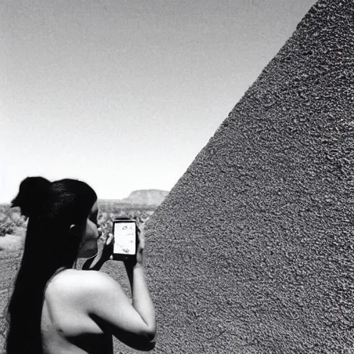 Prompt: lustful woman standing outside a Non-Euclidean orb-like clay house sitting in the desert and looking at her phone, vintage photo, beautiful cinematography, blue sky, film grain, James Turrell