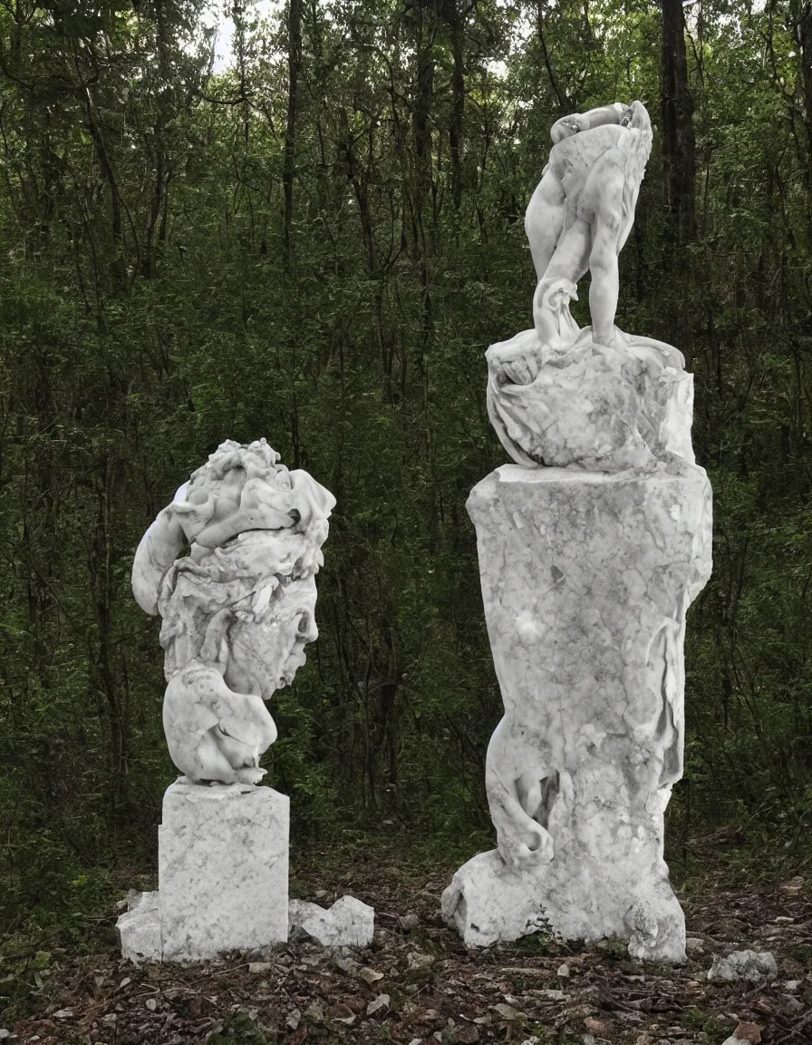 Prompt: broken greek marble statue in a forest at night, hunting for flesh, trailcam